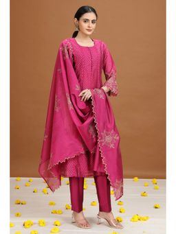 Cotton Culture - Women Wine Chanderi Silk Floral Kurta & Pant With Dupatta