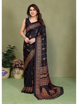 FABMORA - Black Blocked Printed Hand Batik Georgette Saree With Unstitched Blouse