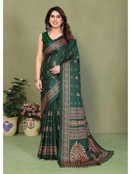 FABMORA - Green Blocked Printed Hand Batik Georgette Saree With Unstitched Blouse