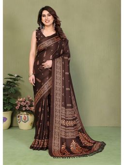 FABMORA - Brown Blocked Printed Hand Batik Georgette Saree With Unstitched Blouse