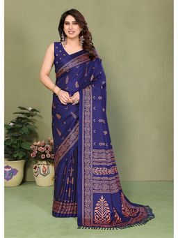 FABMORA - Navy Blue Blocked Printed Hand Batik Georgette Saree With Unstitched Blouse