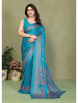 FABMORA - Blue Printed Hand Batik Georgette Saree With Unstitched Blouse