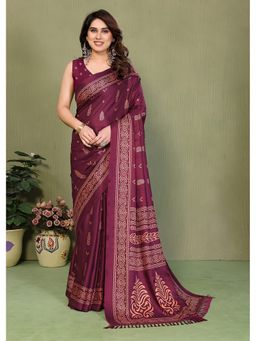 FABMORA - Burgundy Blocked Printed Hand Batik Georgette Saree With Unstitched Blouse