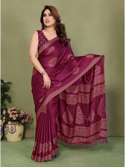FABMORA - Magenta Blocked Printed Hand Batik Georgette Saree With Unstitched Blouse