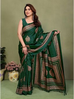 FABMORA - Green Blocked Printed Daily Wear Chiffon Saree With Unstitched Blouse
