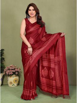 FABMORA - Maroon Blocked Printed Daily Wear Chiffon Saree With Unstitched Blouse