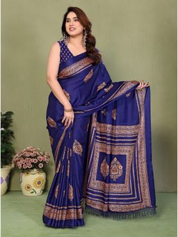 FABMORA - Navy Blue Blocked Printed Daily Wear Chiffon Saree With Unstitched Blouse