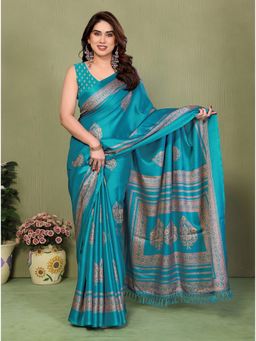 FABMORA - Aqua Blocked Printed Daily Wear Chiffon Saree With Unstitched Blouse