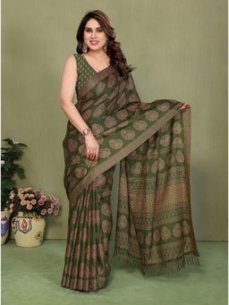 FABMORA - Olive Blocked Printed Hand Batik Georgette Saree With Unstitched Blouse