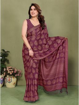 FABMORA - Magenta Printed Hand Batik Georgette Saree With Unstitched Blouse
