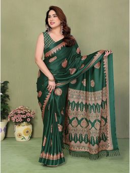 FABMORA - Green Printed Daily Wear Chiffon Saree With Unstitched Blouse