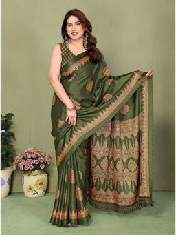 FABMORA - Olive Blocked Printed Daily Wear Chiffon Saree With Unstitched Blouse