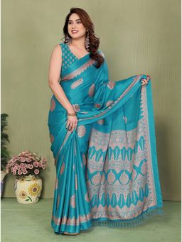 FABMORA - Women Aqua Blocked Printed Daily Wear Chiffon Saree With Unstitched Blouse