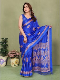 FABMORA - Blue Printed Daily Wear Chiffon Saree With Unstitched Blouse
