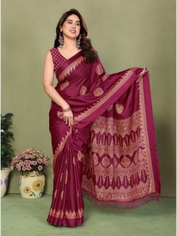 FABMORA - Maroon Printed Daily Wear Chiffon Saree With Unstitched Blouse