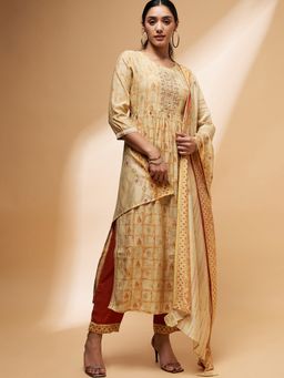 CHETI - Women Mustard Chanderi Silk Embroidered Kurta & Pant With Dupatta