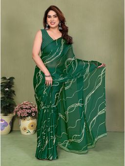 FABMORA - Green Striped Leheriya Georgette Saree With Unstitched Blouse