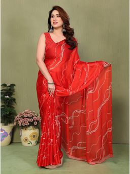 FABMORA - Red Striped Leheriya Georgette Saree With Unstitched Blouse