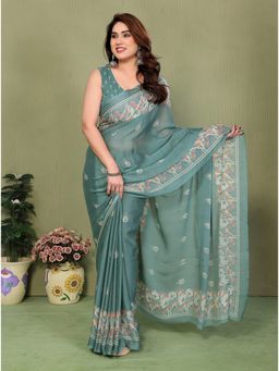 FABMORA - Aqua Blocked Printed Hand Batik Georgette Saree With Unstitched Blouse
