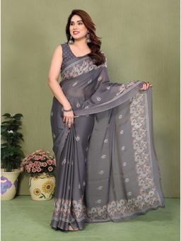 FABMORA - Grey Blocked Printed Hand Batik Georgette Saree With Unstitched Blouse
