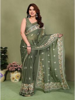 FABMORA - Olive Printed Hand Batik Georgette Saree With Unstitched Blouse