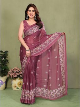 FABMORA - Pink Blocked Printed Hand Batik Georgette Saree With Unstitched Blouse
