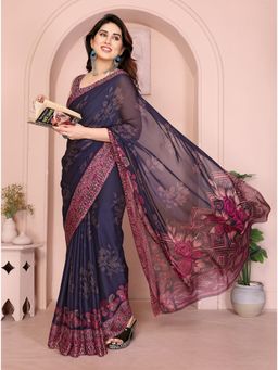 FABMORA - Navy Blue Floral Printed Daily Wear Chiffon Saree With Unstitched Blouse