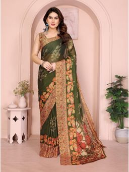 FABMORA - Olive Floral Printed Daily Wear Chiffon Saree With Unstitched Blouse