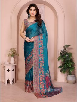 FABMORA - Blue Floral Print Daily Wear Chiffon Saree With Unstitched Blouse