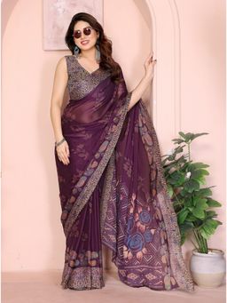 FABMORA - Purple Floral Print Daily Wear Chiffon Saree With Unstitched Blouse
