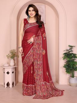 FABMORA - Maroon Floral Print Daily Wear Chiffon Saree With Unstitched Blouse