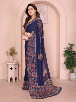 FABMORA - Navy Blue Floral Print Daily Wear Chiffon Saree With Unstitched Blouse