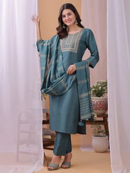 HRITIKA - Women Turquoise Silk Blend Floral Kurta & Pant With Dupatta