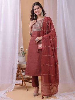 HRITIKA - Women Rust Silk Blend Floral Kurta & Pant With Dupatta