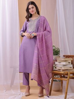 HRITIKA - Women Lavender Cotton Blend Floral Kurta & Pant With Dupatta