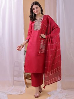 HRITIKA - Women Pink Cotton Blend Floral Kurta & Pant With Dupatta