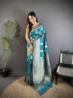 Elora - Teal Floral Saree With Unstitched Blouse