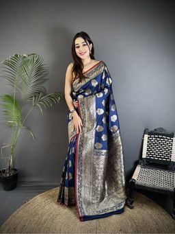 Elora - Navy Blue Floral Saree With Unstitched Blouse