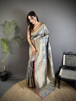 Elora - Grey Floral Saree With Unstitched Blouse