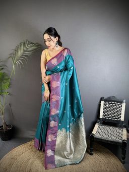 Elora - Teal Woven Saree With Unstitched Blouse