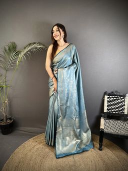 Elora - Blue Floral Saree With Unstitched Blouse