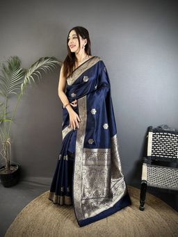 Elora - Navy Blue Woven Saree With Unstitched Blouse