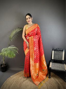 Elora - Red Geometric Saree With Unstitched Blouse