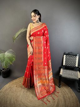Elora - Red Geometric Saree With Unstitched Blouse