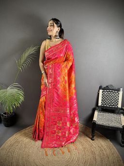 Elora - Orange Soft Silk Geometric Zari Woven Patola Saree With Unstitched Blouse