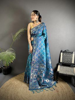 Elora - Blue Soft Silk Geometric Zari Woven Patola Saree With Unstitched Blouse