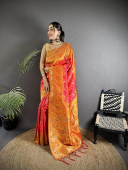 Elora - Pastel Orange Soft Silk Geometric Zari Woven Patola Saree With Unstitched Blouse