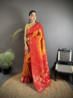 Elora - Red Soft Silk Geometric Zari Woven Patola Saree With Unstitched Blouse