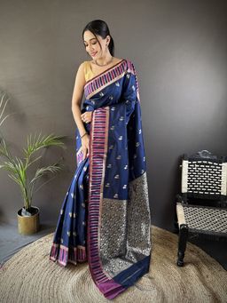 Elora - Royal Blue Silk Jacquard Zari Woven Motifs Banarasi Saree With Unstitched Blouse