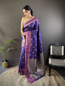 Elora - Purple Silk Jacquard Zari Woven Motifs Banarasi Saree With Unstitched Blouse